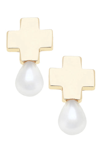 Canvas Edith Square Cross Pearl Drop Earrings in Ivory Shiny Gold