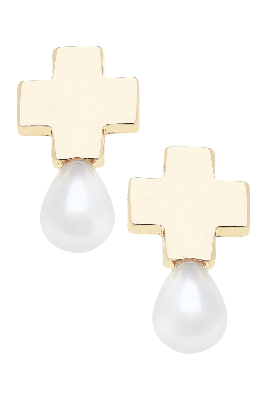 Canvas Edith Square Cross Pearl Drop Earrings in Ivory Shiny Gold