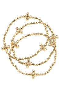 Canvas Camila Tiny Cross Ball Bead Stretch Bracelet Stack in Shiny Gold