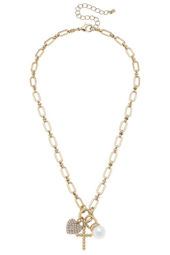 Canvas Poppy Beaded Cross & Pearl Charm Necklace in Shiny Gold