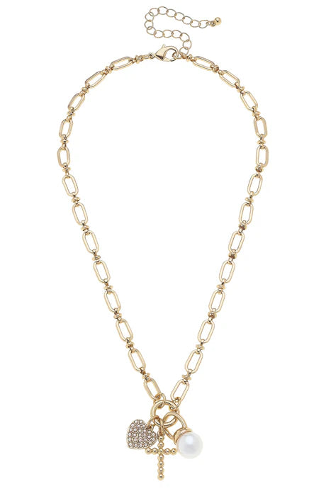 Canvas Poppy Beaded Cross & Pearl Charm Necklace in Shiny Gold