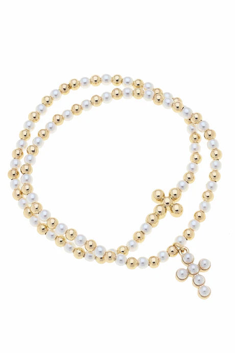 Canvas Emily Pearl & Ball Bead Stretch Bracelet Stack in Ivory