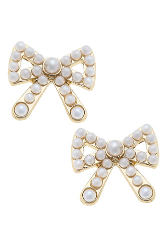 Canvas Dawn Pearl Studded Bow Stud Earrings in Ivory Shiny Gold
