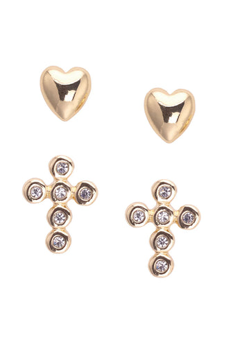 Canvas Tatum Heart & Pave Cross Children's Stud Earrings in Shiny Gold