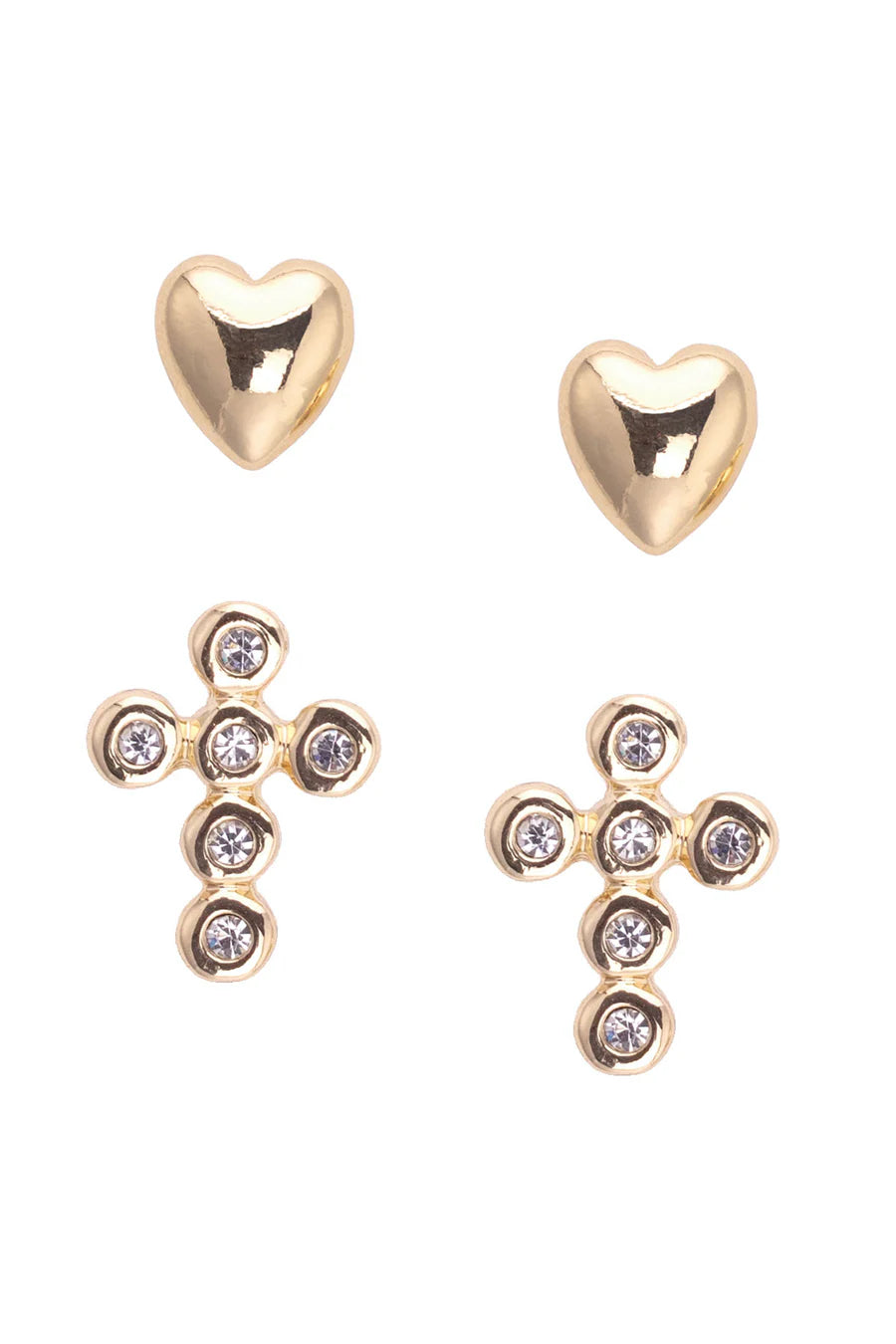 Canvas Tatum Heart & Pave Cross Children's Stud Earrings in Shiny Gold