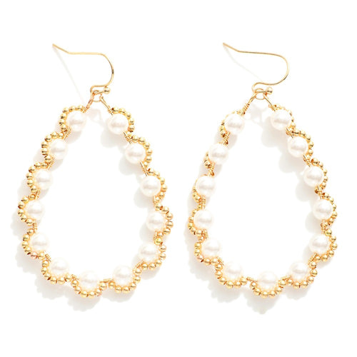 Pearl Studded Gold Teardrop Hoops