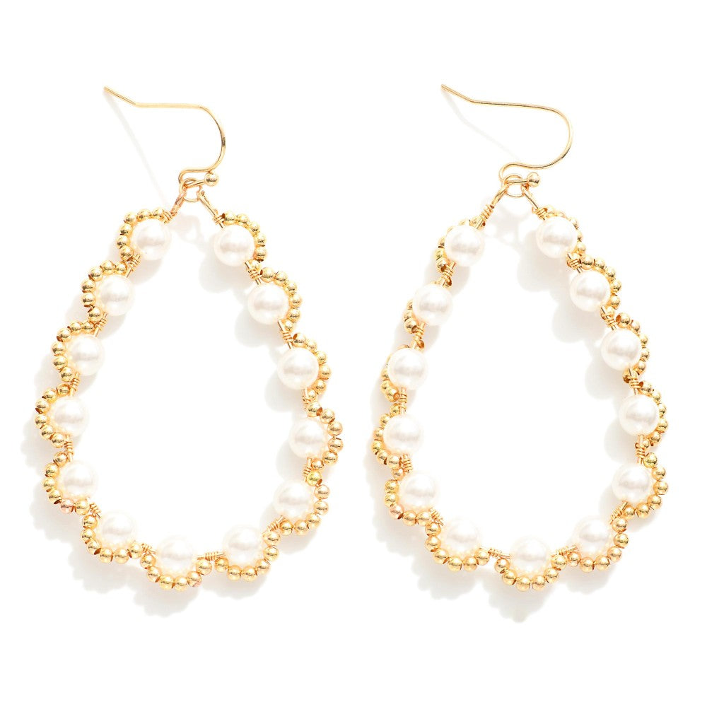 Pearl Studded Gold Teardrop Hoops