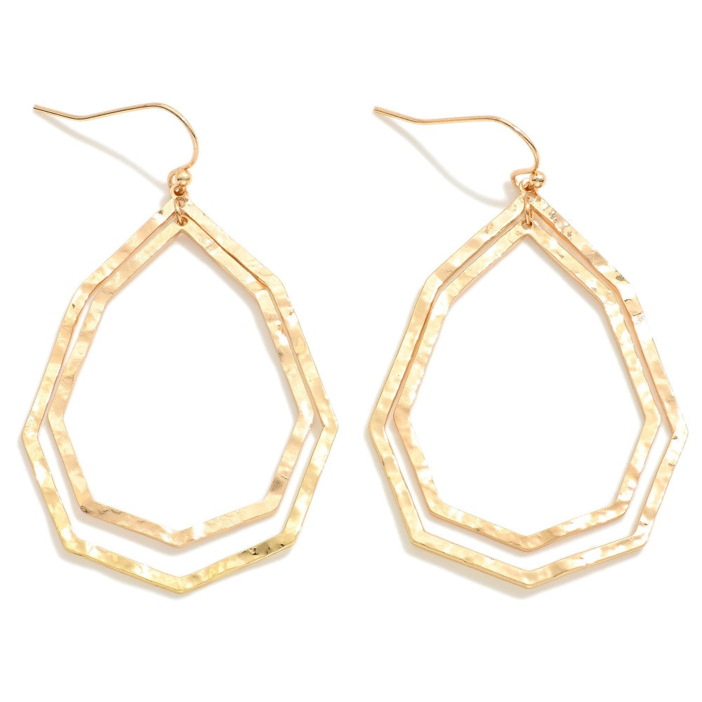 Gold Double Hammered Drop Earrings