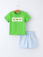 Boys Summer Crocodile Embroidered Plaid Shorts Set