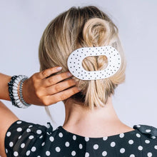Load image into Gallery viewer, Large Teleties Flat Round Hair Clip - White Polka Dot Party