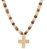 Hammered Cross Pendant Beaded Necklace - Brown