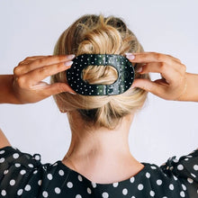 Load image into Gallery viewer, Large Teleties Flat Round Hair Clip - Black Polka Dot Party