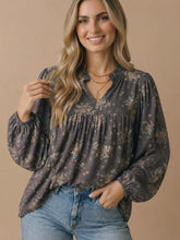 Load image into Gallery viewer, Floral Frilled Notch Neck Blouse - Charcoal