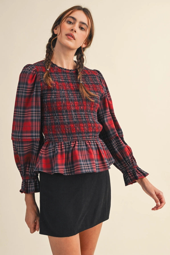 Plaid Tidings Peplum Top - Red