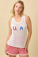USA Embroidered Crochet Tank - White