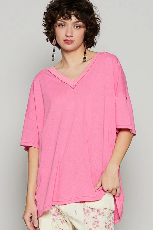 Mabel V-Neck Tee - Barbie Pink