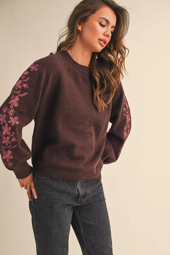 Gwen Floral Embroidered Sweater - Chocolate Berry