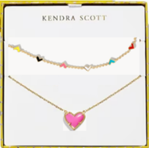 Kendra Scott Ari & Haven Gold Enamel Heart Necklace Gift Set in Neon Pink Magnesite