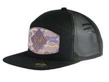 Load image into Gallery viewer, Buck Old School Camo Brown Leather Patch Hat. 7-Panel Trucker Snapback Hat. Hand Burnished Leather Patch: Brown/Khaki