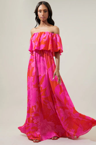 Tropics Off The Shoulder Maxi Dress - Fuchsia