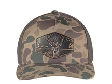 Load image into Gallery viewer, Buck Old School Camo Trucker Hat. Hand Burnished patch