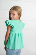 Load image into Gallery viewer, Girl's Double Ruffle Flutter Sleeve Top - Turquoise