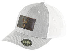 Load image into Gallery viewer, Buck Hand Burnished Leather Patch Snapback Trucker Hat: Brown/Khaki