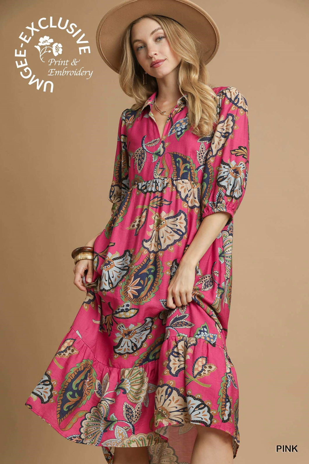 Paisley Tiered Midi Dress - Pink