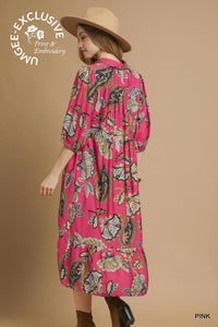 Paisley Tiered Midi Dress - Pink