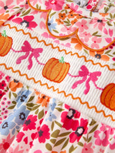 Load image into Gallery viewer, Fall Pumpkin Bow Smock Embroidered Floral Baby Girl Romper