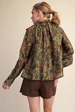 Load image into Gallery viewer, Floral Ruffle Neck Long Sleeve Blouse - Olive