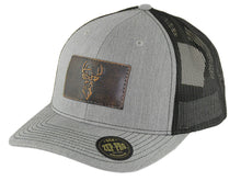 Load image into Gallery viewer, Buck Hand Burnished Leather Patch Snapback Trucker Hat: Brown/Khaki