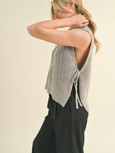 Carlie Cable Knit Side Tie Sweater Vest - Heathered Grey