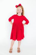 Load image into Gallery viewer, Girl's Red 3/4 Sleeve Pocket Twirl Dress