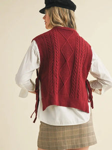 Carlie Cable Knit Side Tie Sweater Vest - Wine
