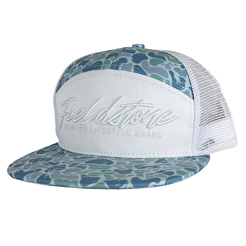 Fieldstone Backwoods 7 Panel Camo Script Hat - Blue