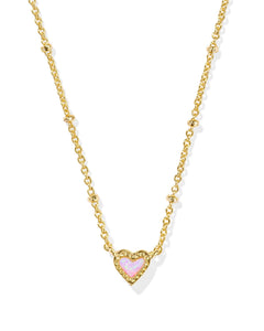 Kendra Scott Mini Ari Heart Gold Satellite Short Pendant Necklace in Bubblegum Pink Kyocera Opal