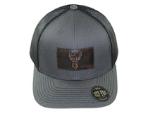 Load image into Gallery viewer, Buck Hand Burnished Leather Patch Snapback Trucker Hat: Brown/Khaki