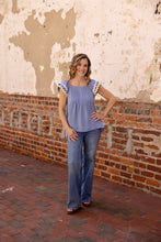 Load image into Gallery viewer, Denim Trim Sleeveless Ruffle Top