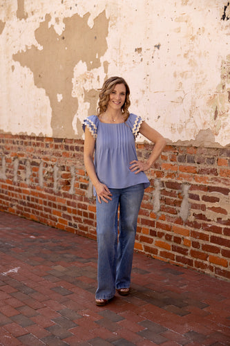 Denim Trim Sleeveless Ruffle Top