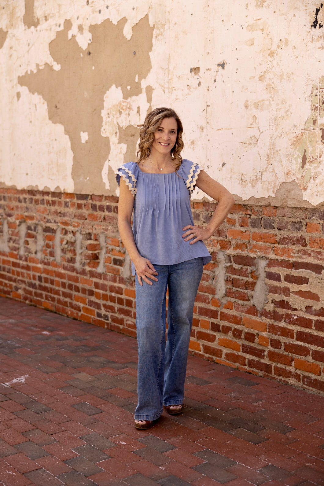 Denim Trim Sleeveless Ruffle Top