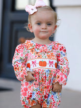 Load image into Gallery viewer, Fall Pumpkin Bow Smock Embroidered Floral Baby Girl Romper