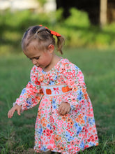 Load image into Gallery viewer, Fall Pumpkin Bow Smock Embroidered Floral Dress