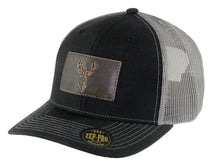 Load image into Gallery viewer, Buck Hand Burnished Leather Patch Snapback Trucker Hat: Brown/Khaki