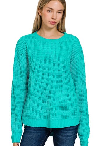 Hailey High-Low Waffle Knit Sweater - Turquoise