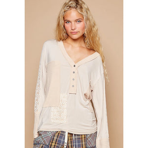 Emmie Patched Henley Top - Oatmeal