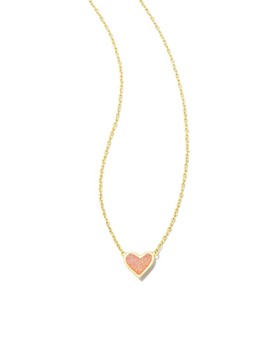 Kendra Scott Framed Ari Heart Short Gold Pendant Necklace in Light Pink Drusy