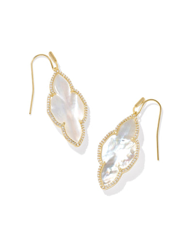 Kendra Scott Abbie Gold Pave Frame Drop Earrings in Ivory Mother of Pearl