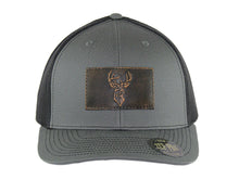 Load image into Gallery viewer, Buck Hand Burnished Leather Patch Snapback Trucker Hat: Brown/Khaki