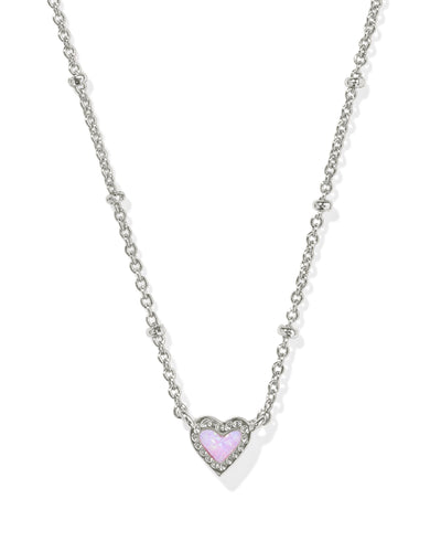 Kendra Scott Mini Ari Heart Silver Satellite Short Pendant Necklace in Bubblegum Pink Kyocera Opal